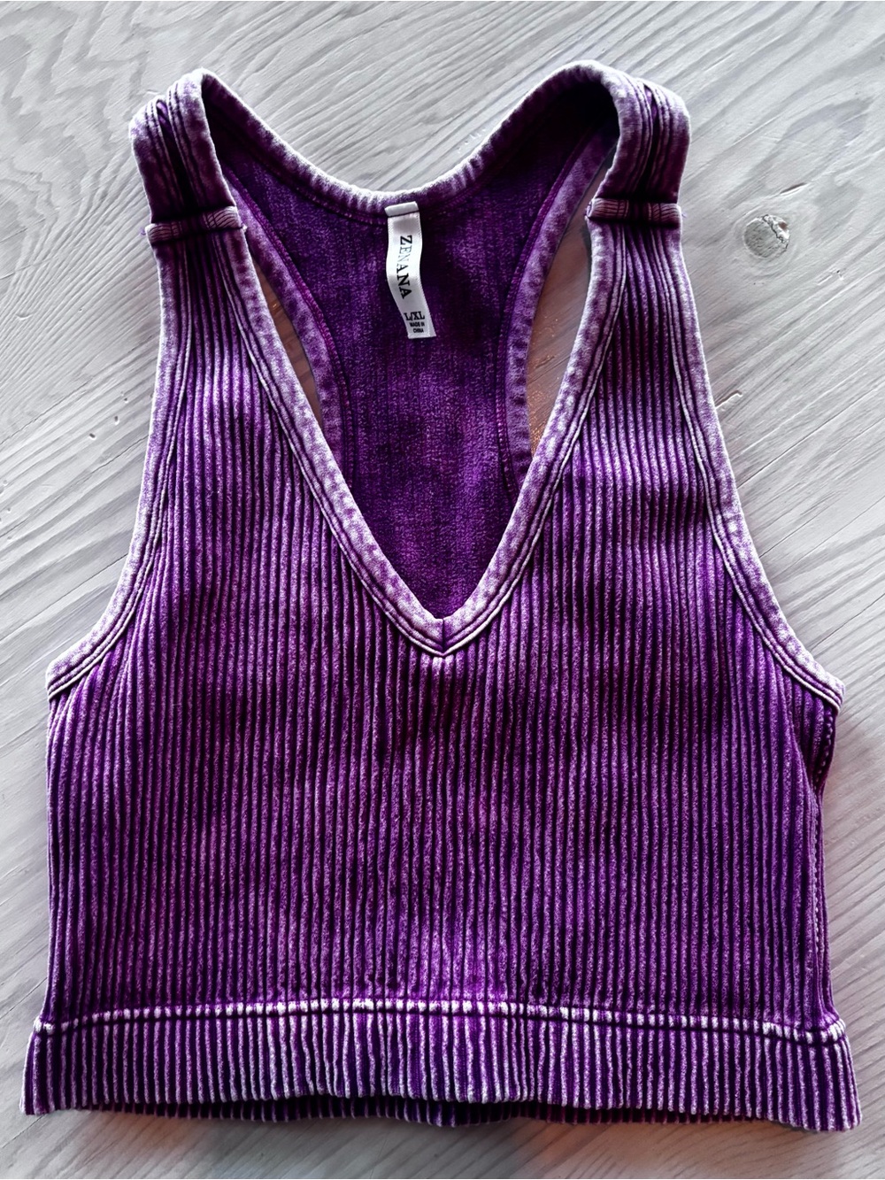 Zenana Ribbed V-Neck Crop Top in a mineral-washed plum color. Size L/XL